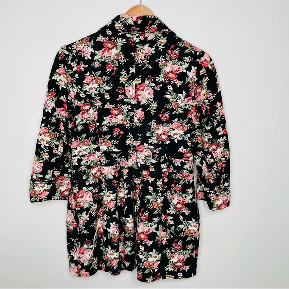VINTAGE Floral Pink Retro Print Black Collared Blazer Duster Coat Jacket - Picture 3 of 7